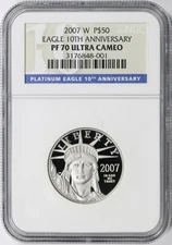 2007-W Proof $50 Platinum Eagle Statue of Liberty NGC PF70UCAM 10th Anniversary