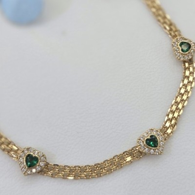 Massives 14k Gelbgold grüne Herzen Bismark Armband 7,25 cm lang