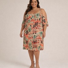 Bobbie Brooks Plus Size 1X Cold Shoulder Dress | Boho Ikat Print