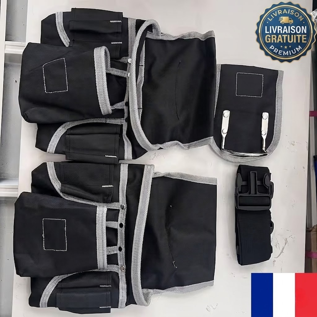Pochette à outils magnétique en toile noire avec 3 poches pour ceinture de bricolage