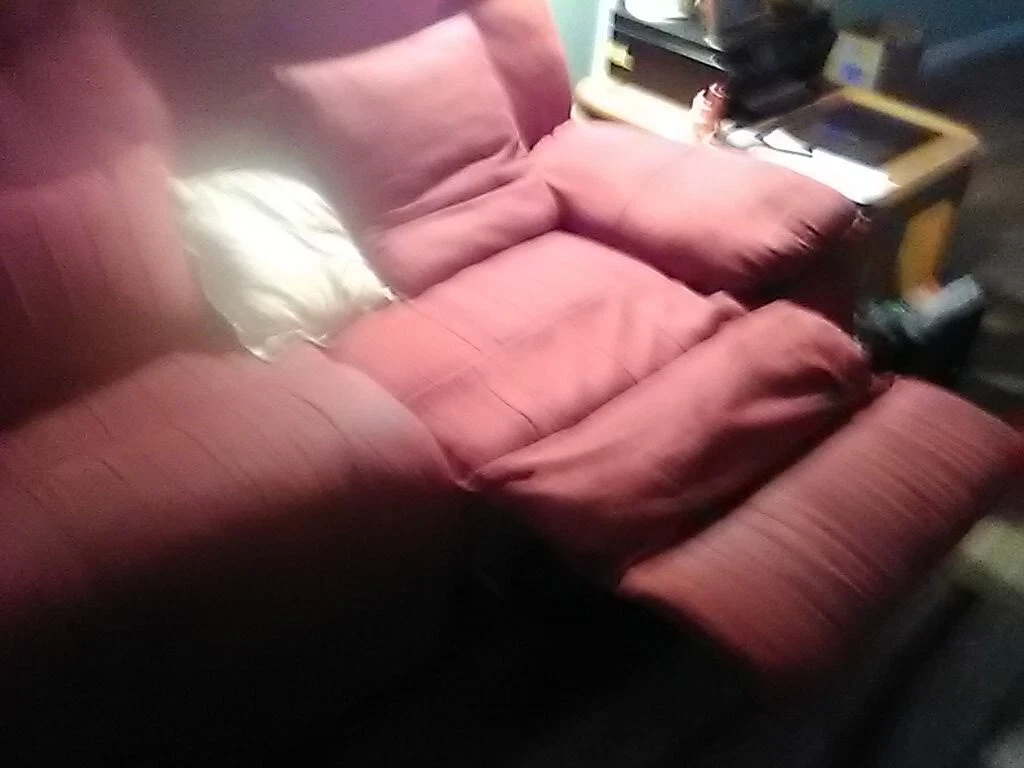 Red Long Cloth Sofa 2 end recline w/ foot rests NO SHIPPING LOCAL PICK UP ONLY