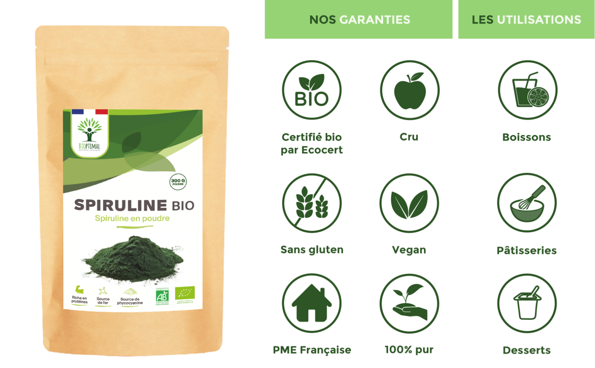Spiruline Bio En Poudre 300g - Conditionné En France - Vegan - Source De Fer Et Énergie
