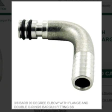 3/8 BARB 90 DEGREE ELBOW WITH FLANGE AND DOUBLE O-RINGS BARGUN FITTING SS