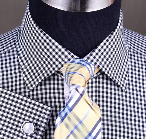 Camicia elegante nera a quadri con fodera interna Oxford viola elegante - Foto 11 di 12