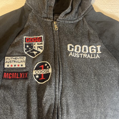 Retro 2016 Coogi Australia Hoodie Kids Sz 10 Black Patches Front Zip Kangaroo - Picture 2 of 8