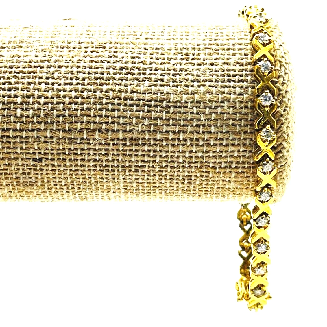 X Link Tennis Bracelet Marked 925 FAS Double Safety Clasp Gold Tone Rhinestones