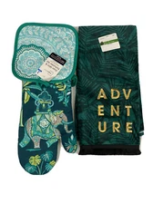  Mainstays  Kitchen Towel & 2 Oven Mitt & Potholder Set Tropical Leaf Toucan