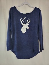 Judith March Wide Neck Rudolph Santa Claus Christmas Top Navy Sz Large USA Made