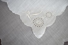 VINTAGE HANKY 1950s WHITE ON WHITE EMBROIDERED GEOMETRIC FLORAL DESIGN EYELET