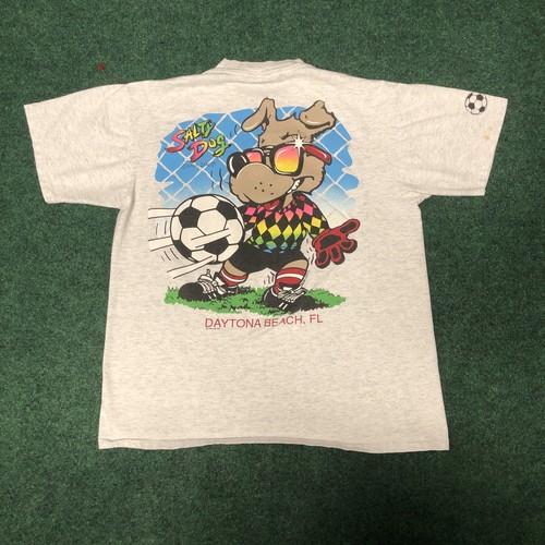 T-shirt vintage 1993 Salty Dog Surf Shop football L double face point simple années 90 - Photo 1 sur 11