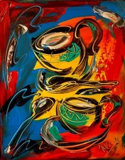 COFFEE CUPS   Abstract Modern Original Oil Painting  CANVAS BY KAZAV 9T97