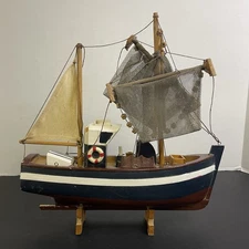 Old Coastal Sailboat Decor with Netting Nautical Beach House Accent Ocean Fish