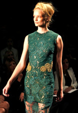 Vera Wang Runway Green Lace Gold Bead Embroidered Cocktail Dress EU 40 / US 6