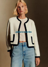 Sezane French Contrast Color Edge Cotton Wool Double Pocket Coat Knitted Cardiga