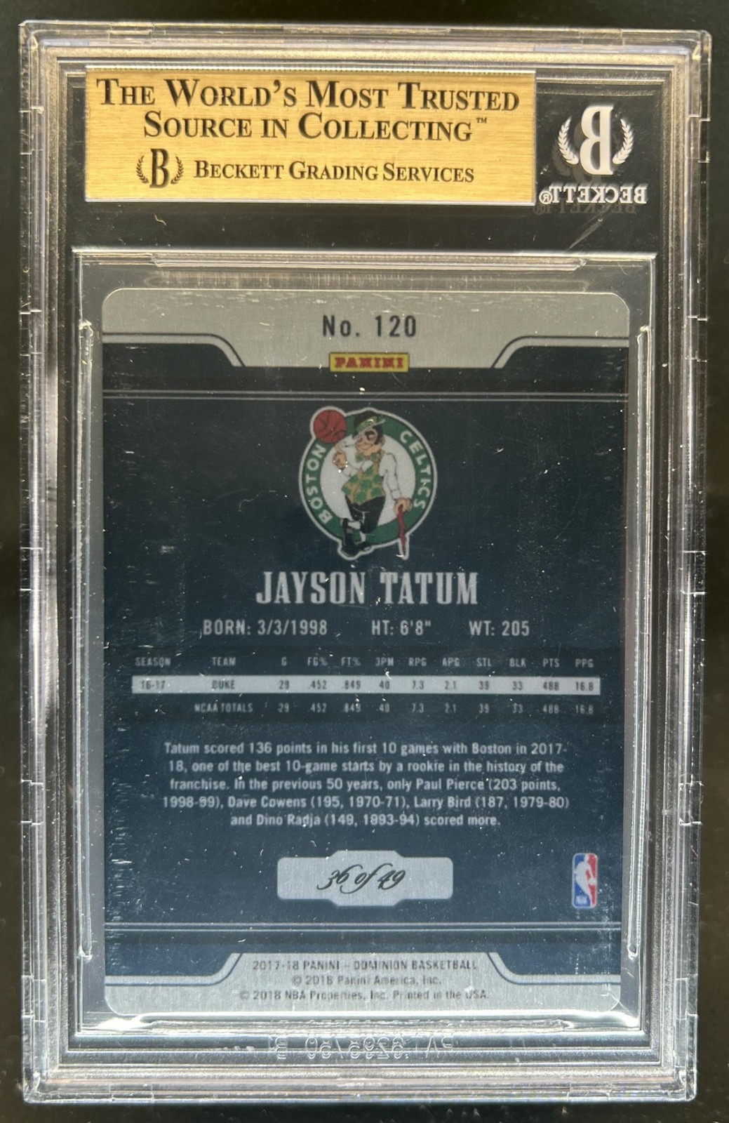 2017-18 Panini Dominion Jayson Tatum Bronze Rookie RC #/49 Celtics BGS 9.5 view 2