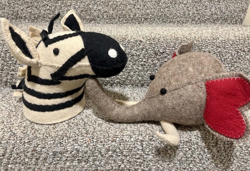 Wool Safari Elephant  Zebra Head Decor Nursery Whimsical Soft Plush Doll Wall