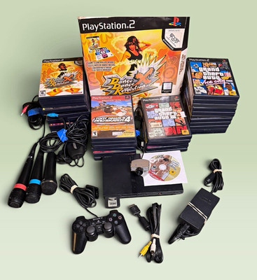 Sony PlayStation 2 slim Console Bundle 41 Games 1 Controller mics DDR mat tested