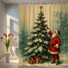 Vintage Christmas Shower Curtain with Santa and Tree Design