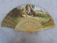 ANTIQUE Victorian Folding Hand Fan Painted Cloth Romantic Scene Gold 10"x19"