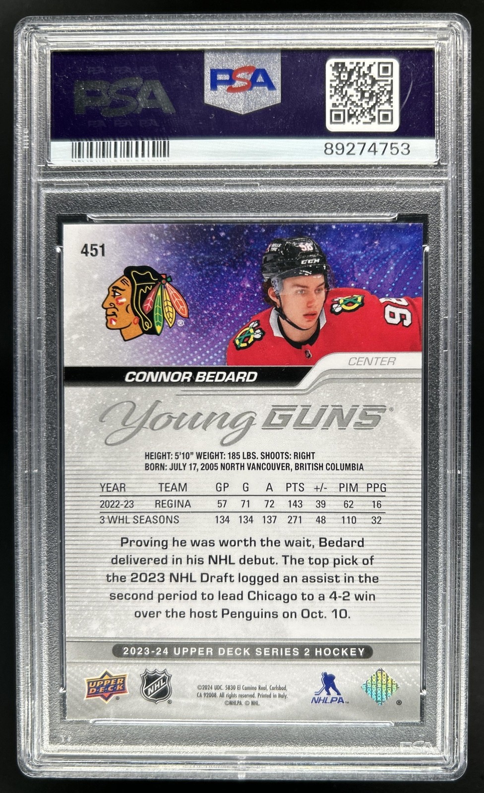 2023-24 Upper Deck Connor Bedard Rookie Young Guns RC #451 Blackhawks PSA 10 view 2