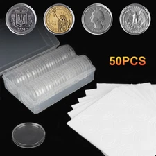 50PCS Clear Coin Capsule Storage Holder 17–40mm with EVA Foam Box for Collectors