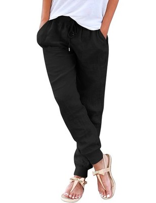 Svanco Women's Black Cotton-Linen Trousers with Elasticated Waist
