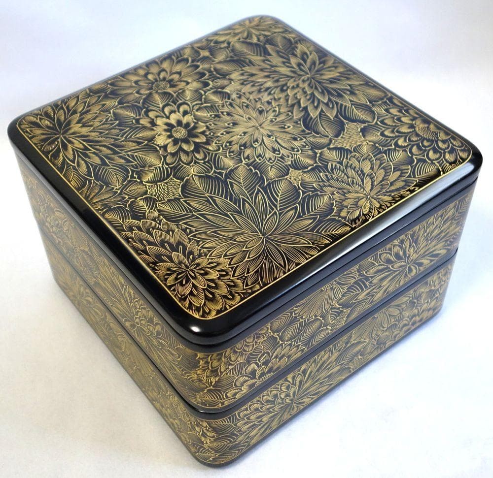 Jubako Bento Box Japanese Wajima lacquer Chrysanthemum and pattern twotiered box