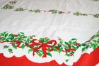VTG CHRISTMAS TABLECLOTH FABRIC HOLLY BERRIES WHITE RED GREEN 70X50" HOLIDAY