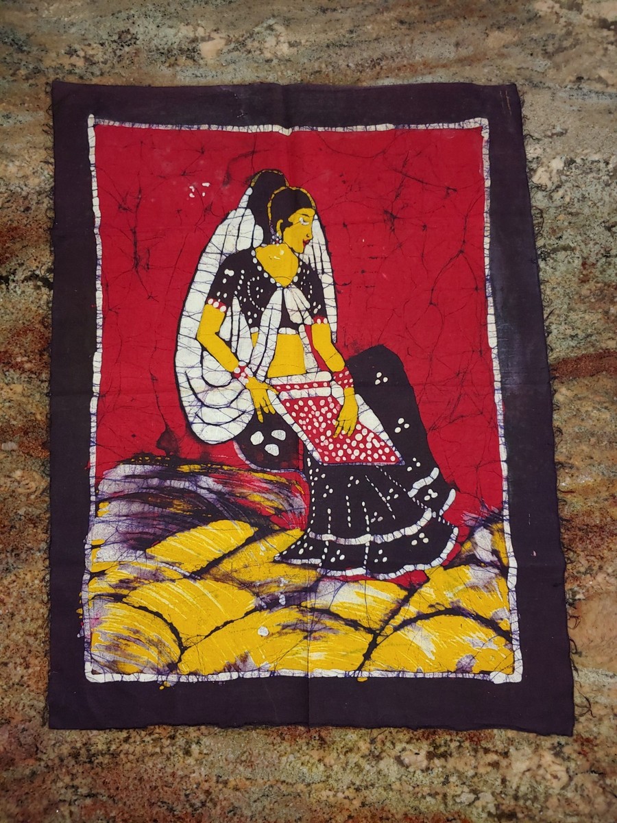 Vintage 1970s Batik Textile Wall Hanging Woman Figure Indonesian