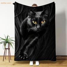 Black Cat Close-Up Fleece Blanket - Mysterious Eyes Fur Texture Cozy Gift