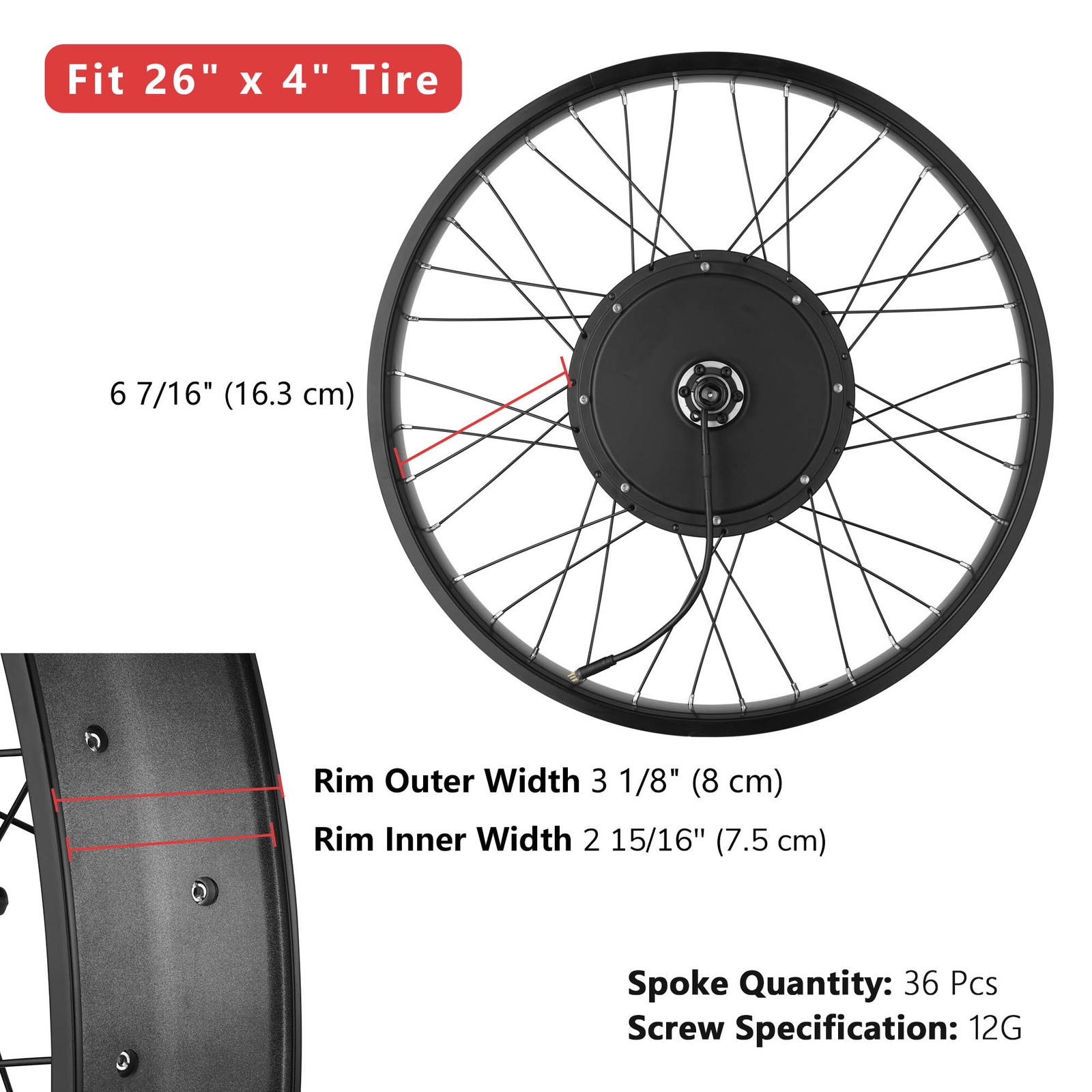 Xcceries 26"x4" Fat Tire 48V Ebike Front Wheel Bicycle Conversion Kit 1000W
