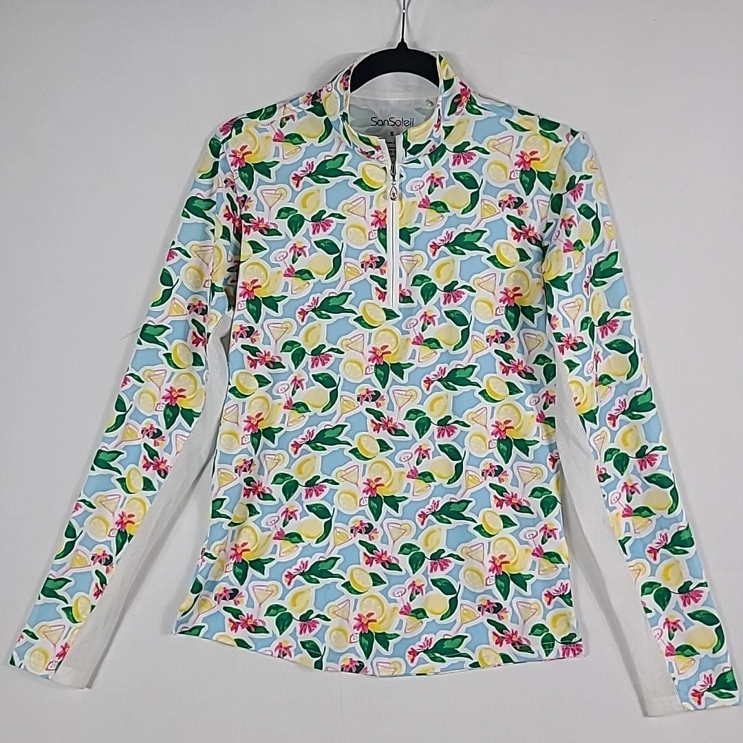 NEW San Soleil PARKS Rash Guard Sun Top UPF 50 Sporty Tennis Lemons Sz S