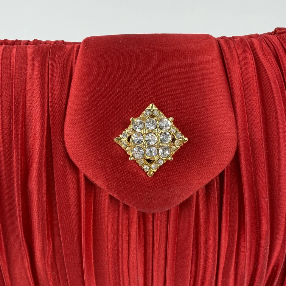VTG Red Pleated Satin Evening Clutch Bag Womens Gold Chain Rhinestone Brooch - Image 3 of 4