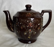 Vintage 1950s Enameled Tea Pot Brown Glaze and Gold Decor, Made in Japan 8x6  