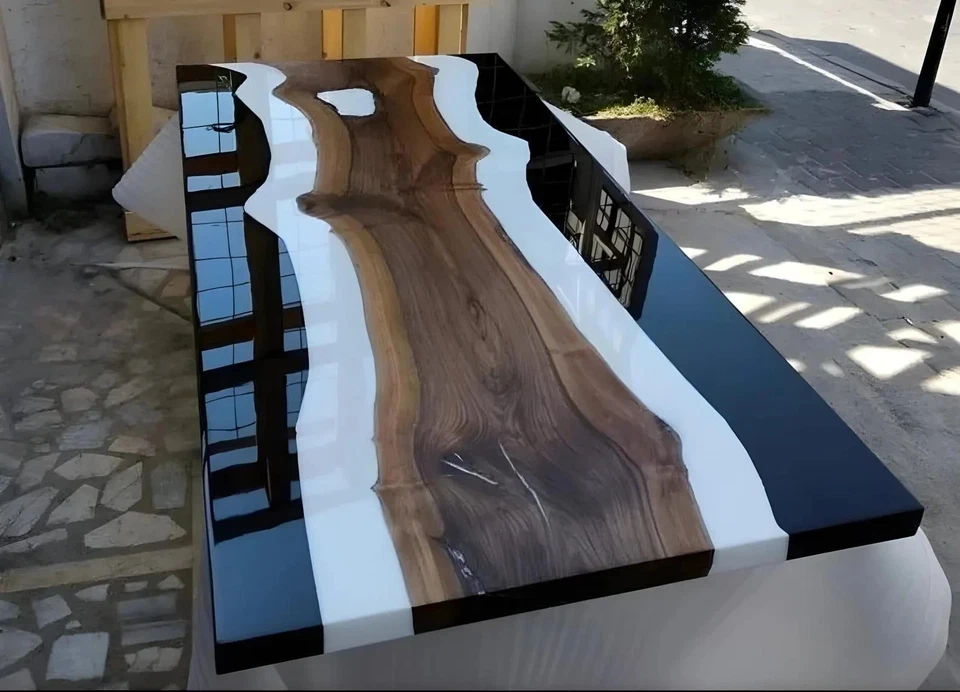 60"x30" Epoxy River Table Black White Live Edge Acacia Wood Resin Dining Desk - Image 2 of 4