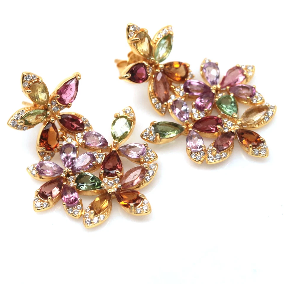 Тайский ручной работы 3 x 4 мм. Серьги с турмалином и белым цирконием фантазийного цвета - Изображение 2 из 4