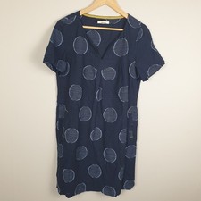 White Stuff Dress Womens UK 12 Navy Blue Jacquard Linen Blend A-Line V-Neck