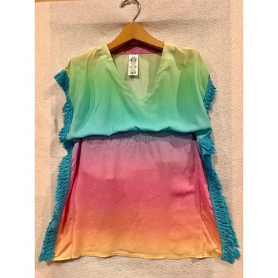 Breaking Waves Girls Rainbow Ombre Fringe Swim Cover Up Kaftan Size 6/6X