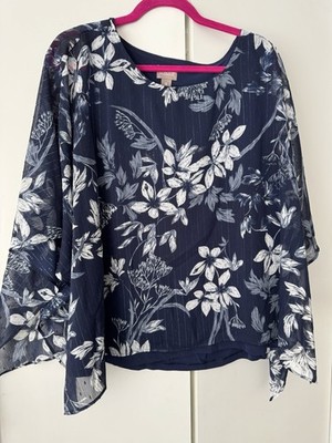 Chicos Womens Floral Blouse Top Semi Sheer Overlay Top Blue Size 3 (US 16) Boho
