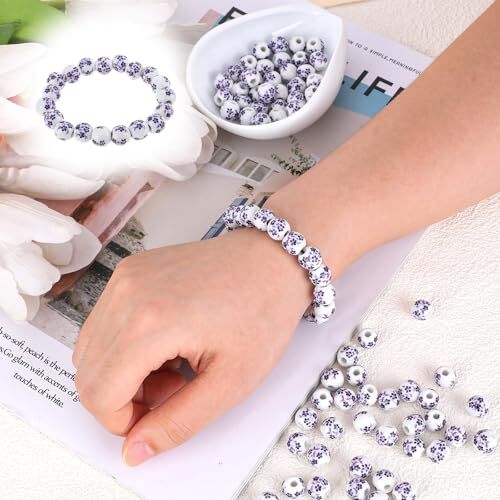100Pcs Ceramic Beads, 10mm Ceramic Beads Handmade Porcelain Flower Round Purple - Picture 6 of 8