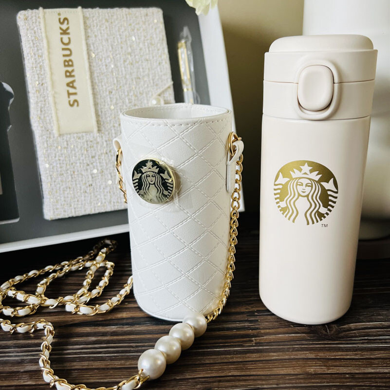 New Starbucks China Winter Pure White Thermos Cup Pearl Chain