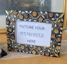 Sparkly Gold Copper Bronze Silver Florals on Black Resin Picture Frame, 4"x6"