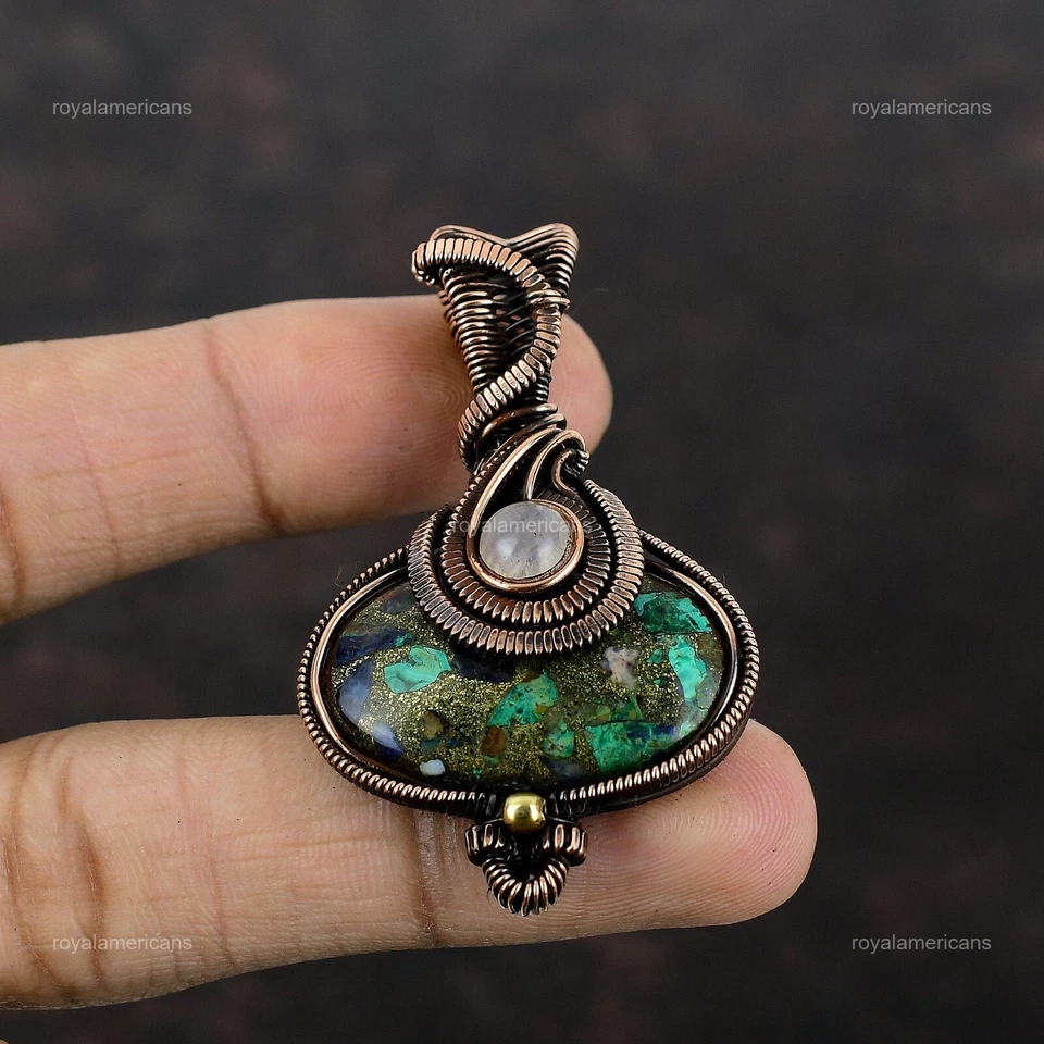 Кулон юбилейный радужный лунный камень драгоценный камень азурит малахит медь медь - Изображение 4 из 4