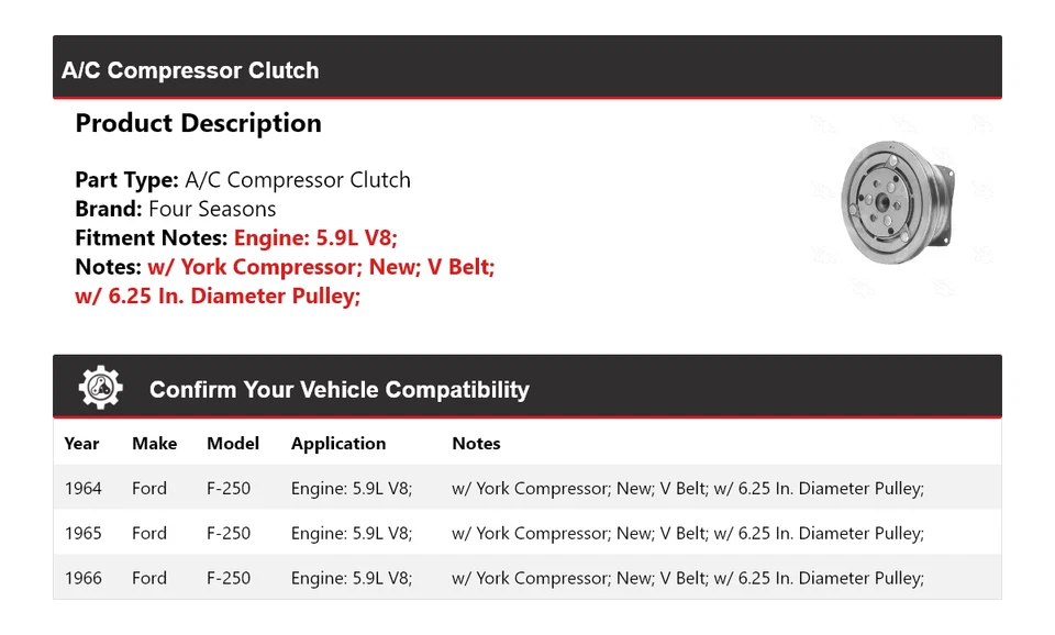 Embrague compresor aire acondicionado V8 5,9 L Ford F-250 1964-1966 4 estaciones 1965 Foto 2 de 4