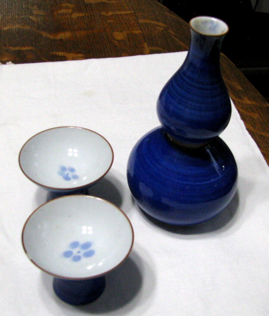 Vint. Blue Porcelain Saki Set-Japan-Double Gourd Shaped Bottle & 2