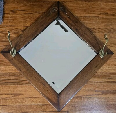 Heavy Wooden Victorian Antique Mission Diamond FRAME WALL GLASS MIRROR HOOK Wood