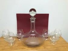 Vintage Toscany Etched Glass Clipper Ship Decanter & 6 Snifters