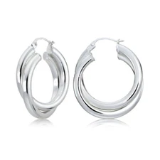 Sterling Silver Square-Tube 25mm Crossover Double Round Hoop Earrings