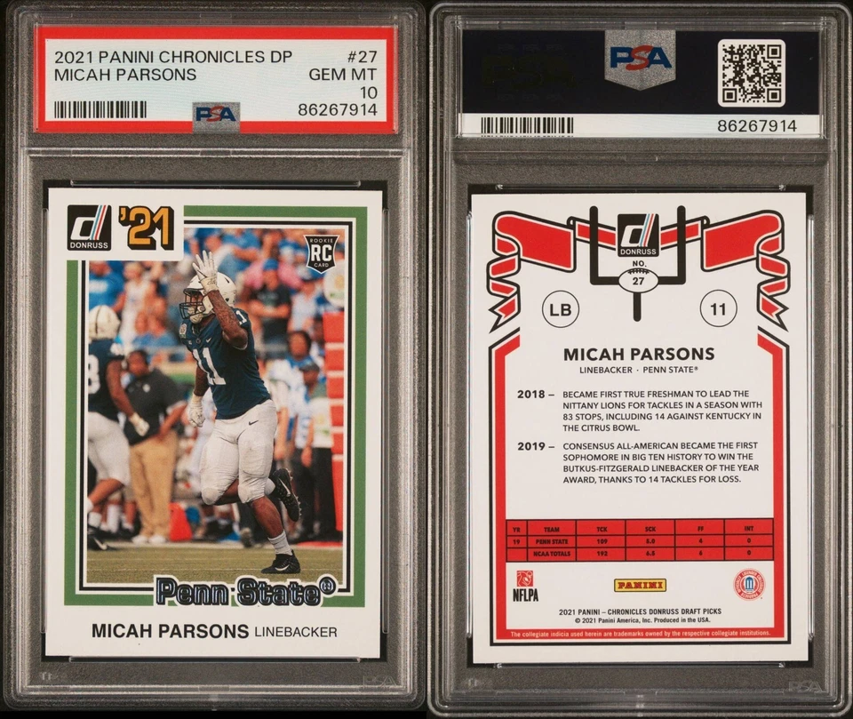 2021 CHRONICLES DP MICAH PARSONS DONRUSS ROOKIE CARD PENN STATE #27 RC PSA 10 🔥 - Image 3 of 4