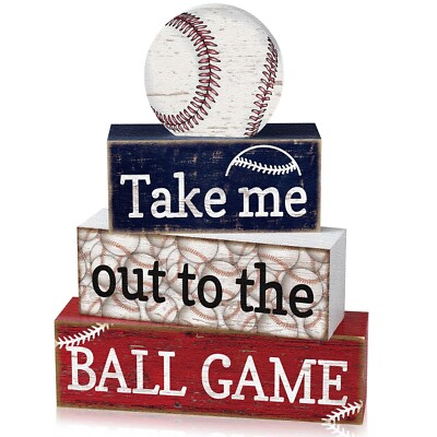 4 Pcs Baseball Decorations Rustic Baseball Wooden Signs Blocks Baseball Room ...